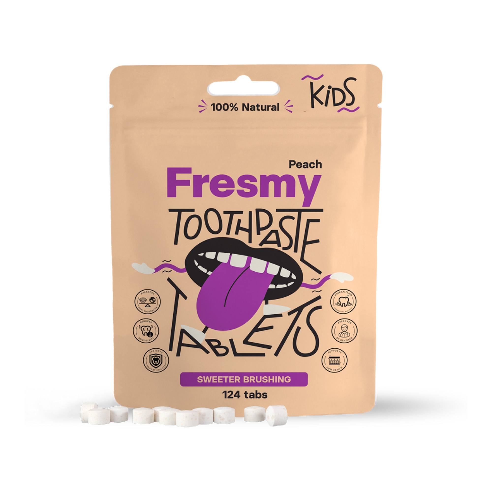 Virsikumaitselised hambapasta tabletid lastele 124tk