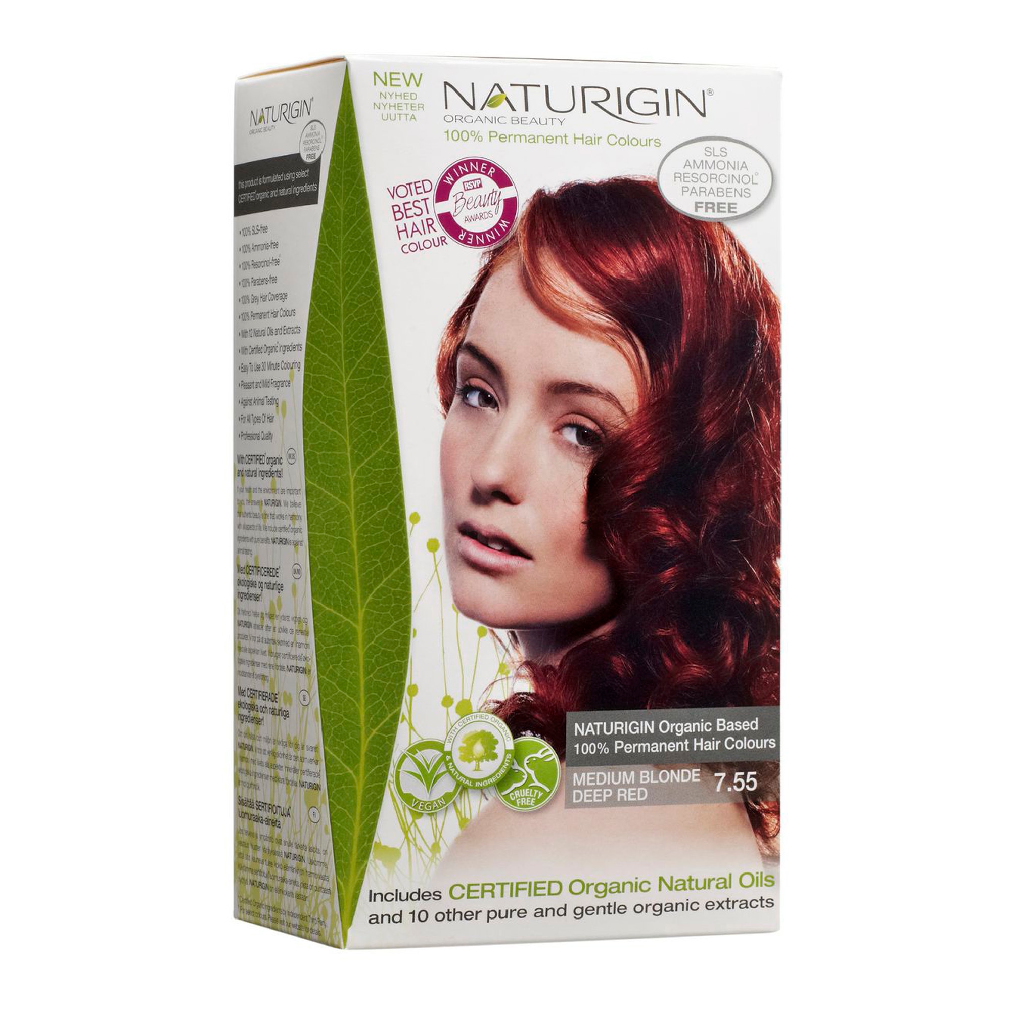 Juuksevärv Keskmine blond sügavpunase varjundiga 7,55