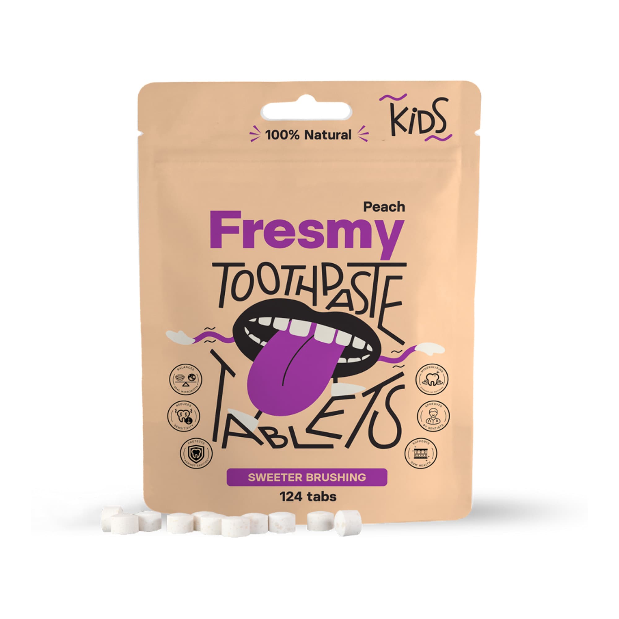 Virsikumaitselised hambapasta tabletid lastele 124tk